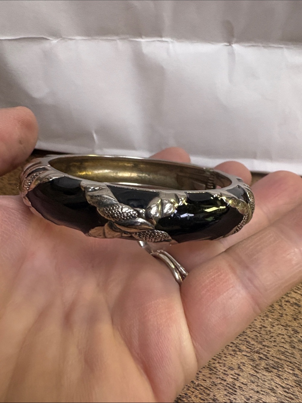 Black and Silver Leaf Bangle Bracelet spring clamp
